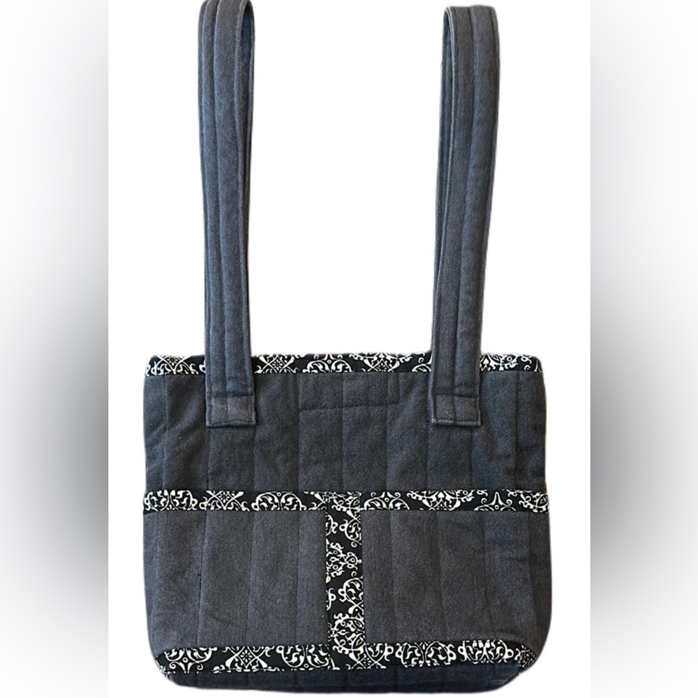 Gray and Black Structured Quilted Handmade Purse with Sturdy Straps